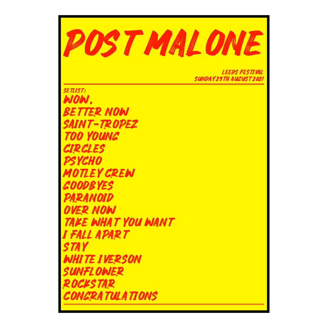 Post Malone Bramham 29th August 2021 Setlist poster