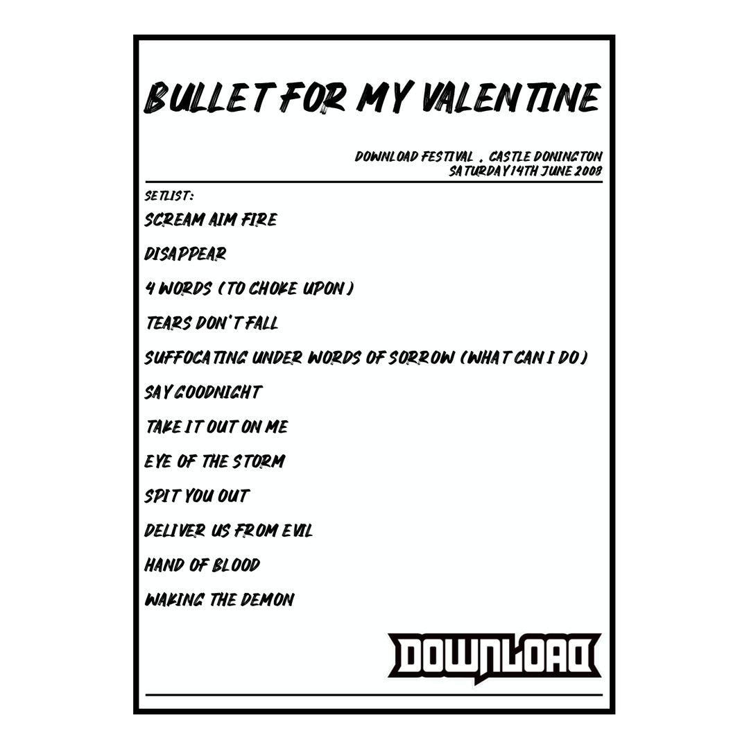 Bullet for My Valentine Castle Donington 14th June 2008 Setlist poster