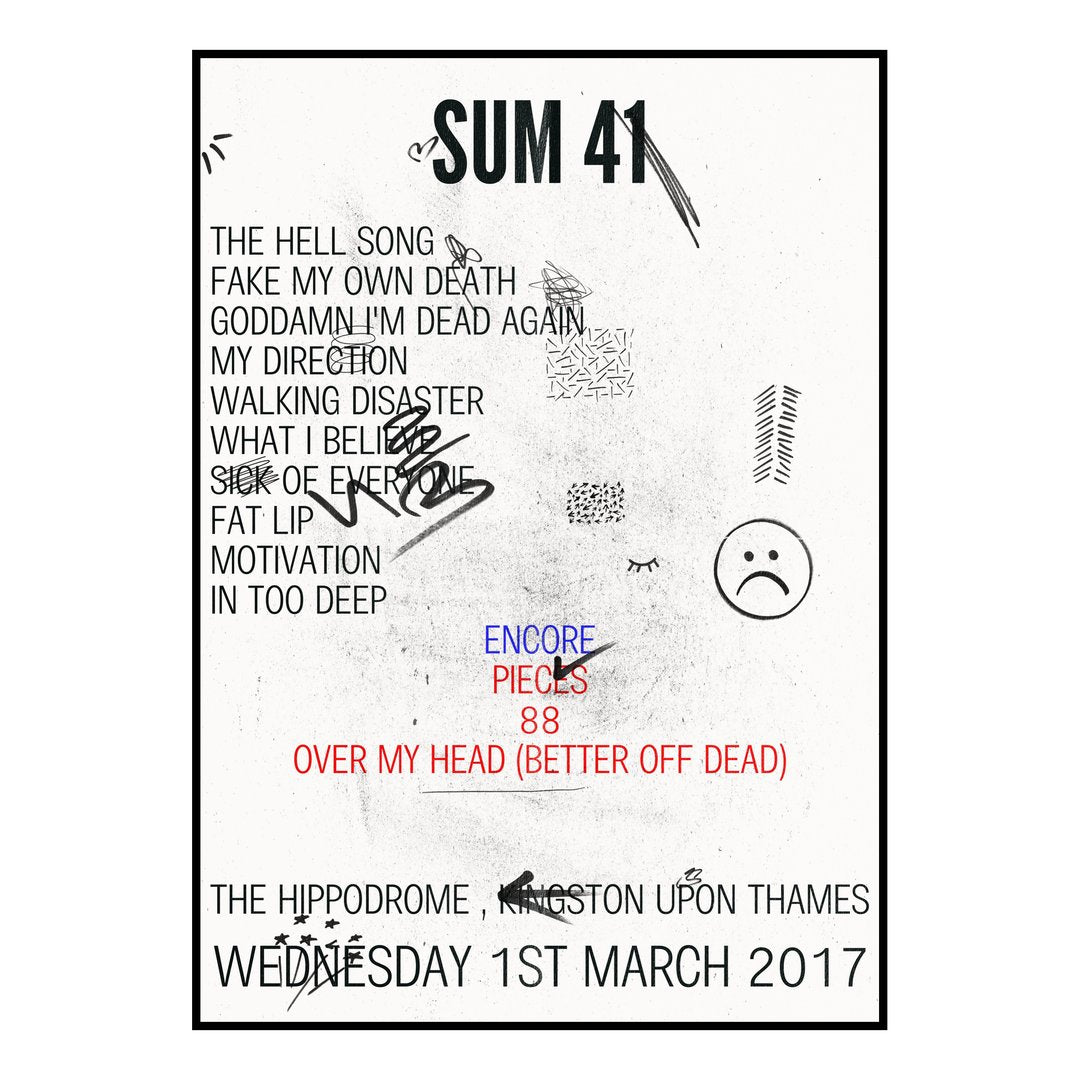 Sum 41 Kingston upon Thames 1st March 2017 Setlist poster