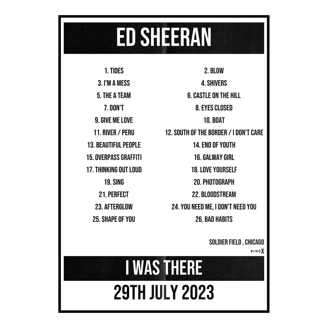Ed Sheeran Chicago 29th July 2023 Setlist poster