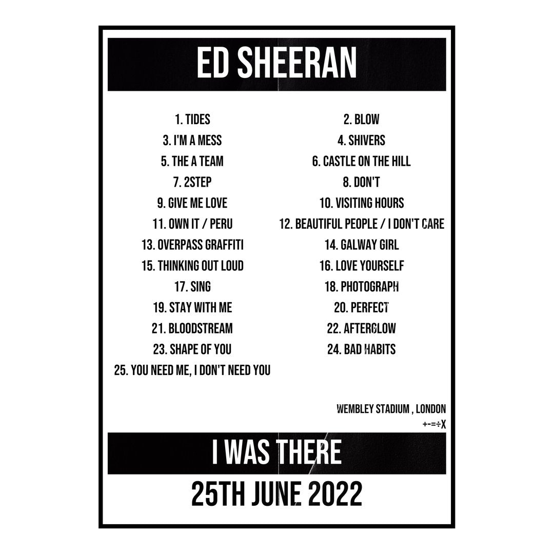Ed Sheeran London 25th June 2022 Setlist poster