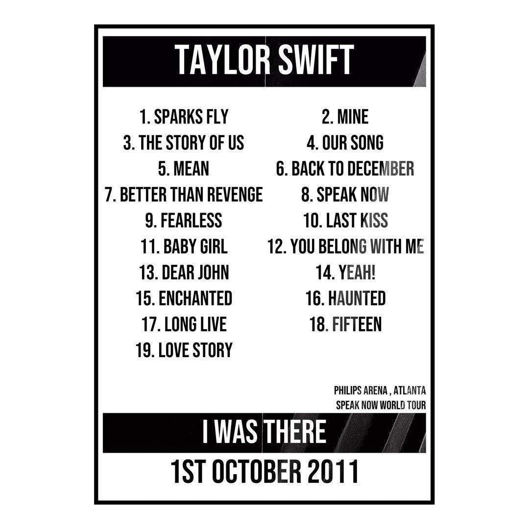 Taylor Swift Atlanta 1st October 2011 Setlist poster