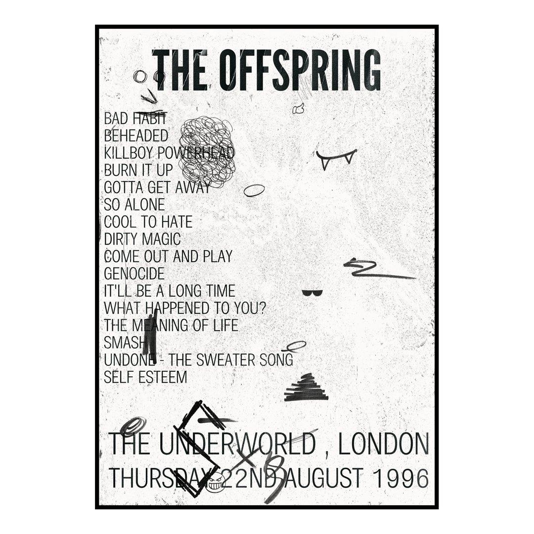 The Offspring London 22nd August 1996 Setlist poster