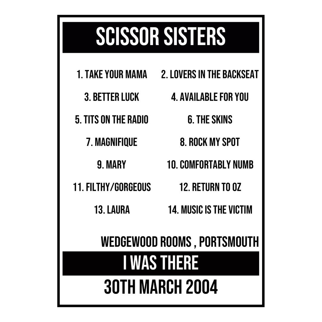 A Setlist Poster Featuring Scissor Sisters Gig from Portsmouth in 2004