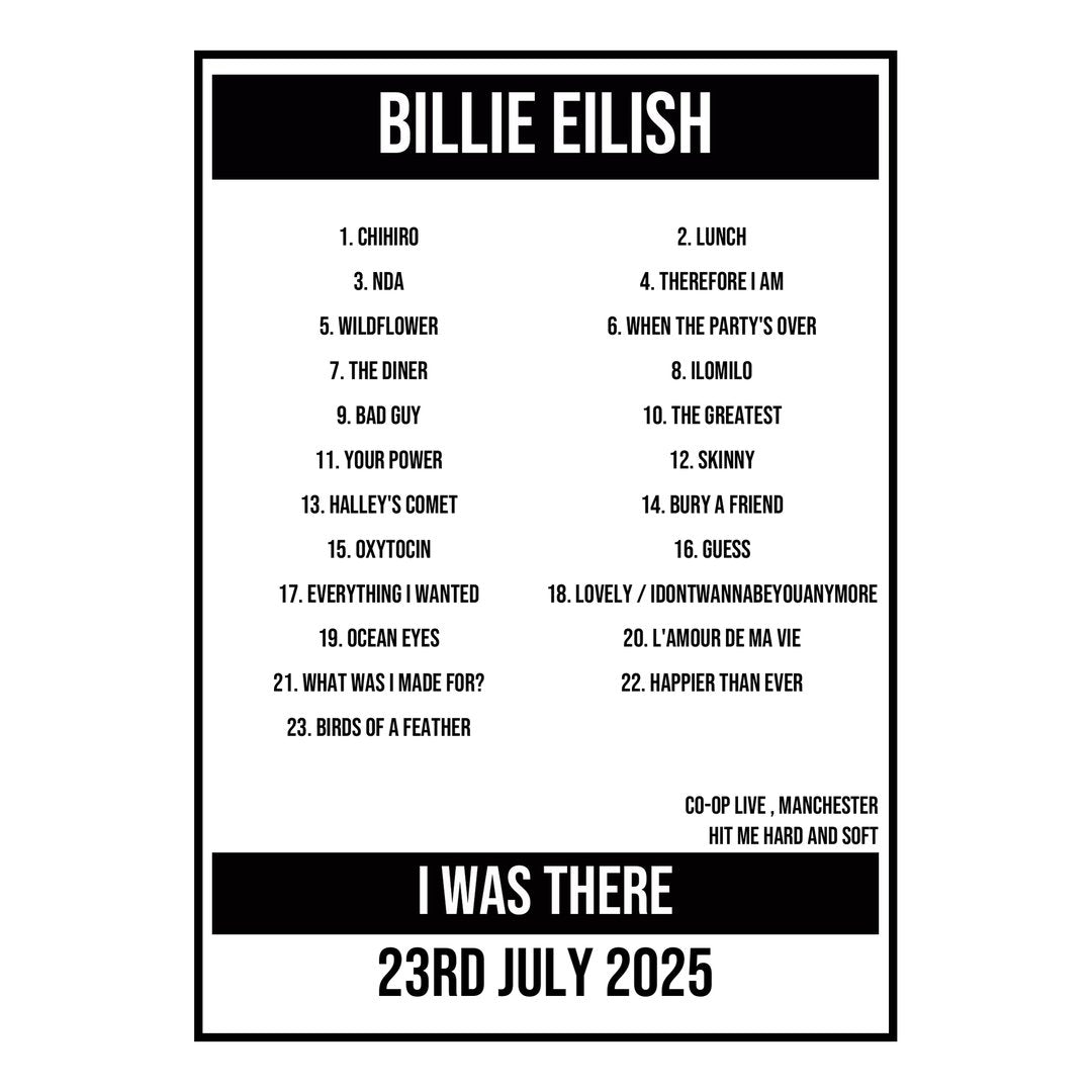 A Setlist Poster Featuring Billie Eilish Gig from Manchester in 2025