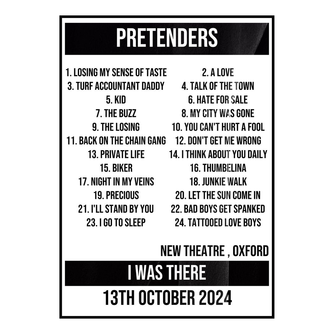 Pretenders Oxford 13th October 2024 Setlist poster