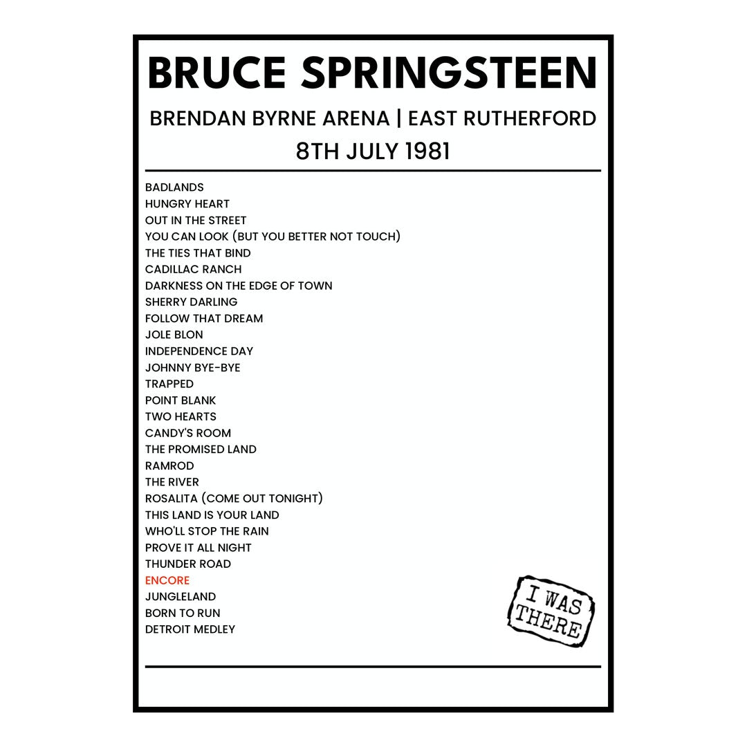 Bruce Springsteen East Rutherford 8th July 1981 Setlist poster
