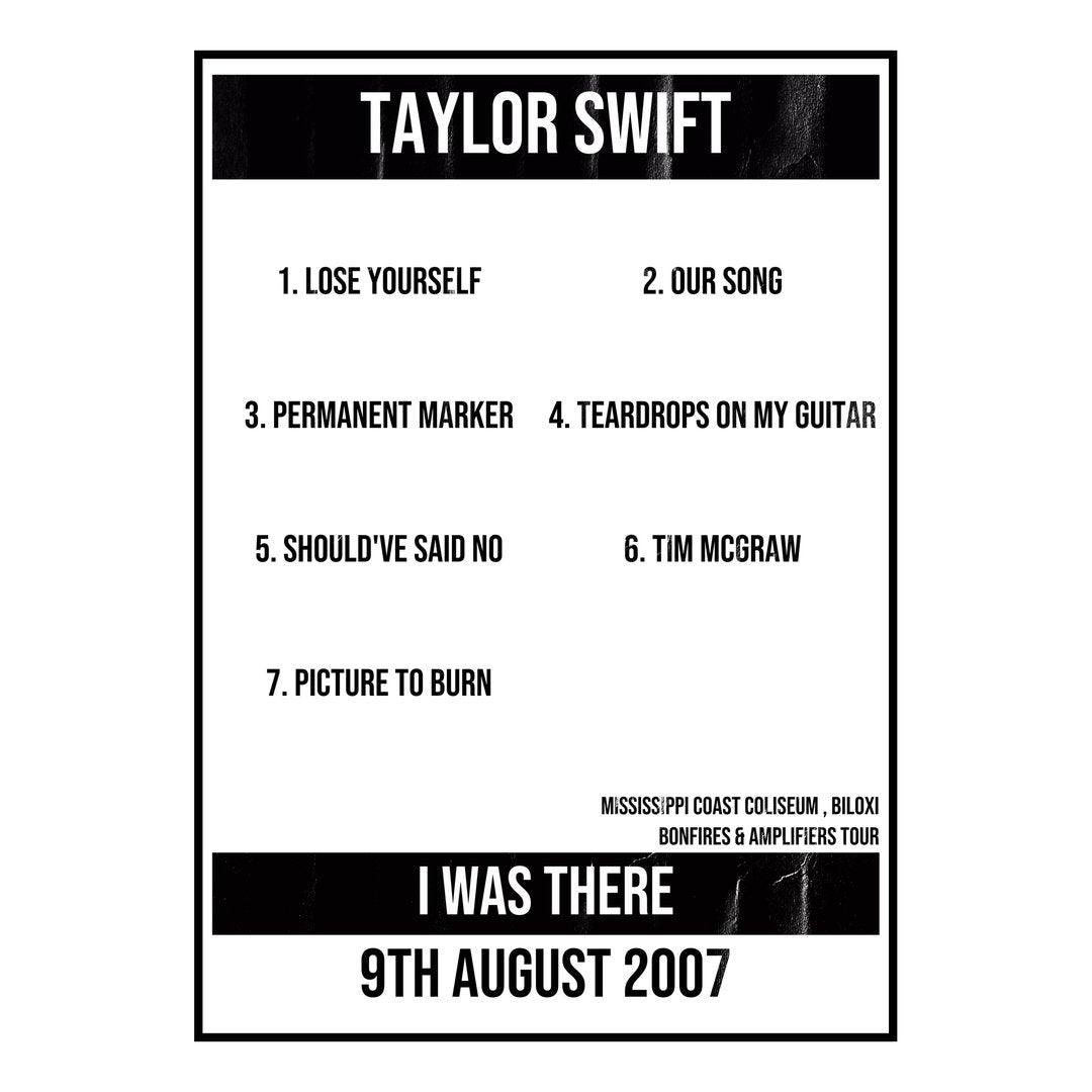 Taylor Swift Biloxi 9th August 2007 Setlist poster