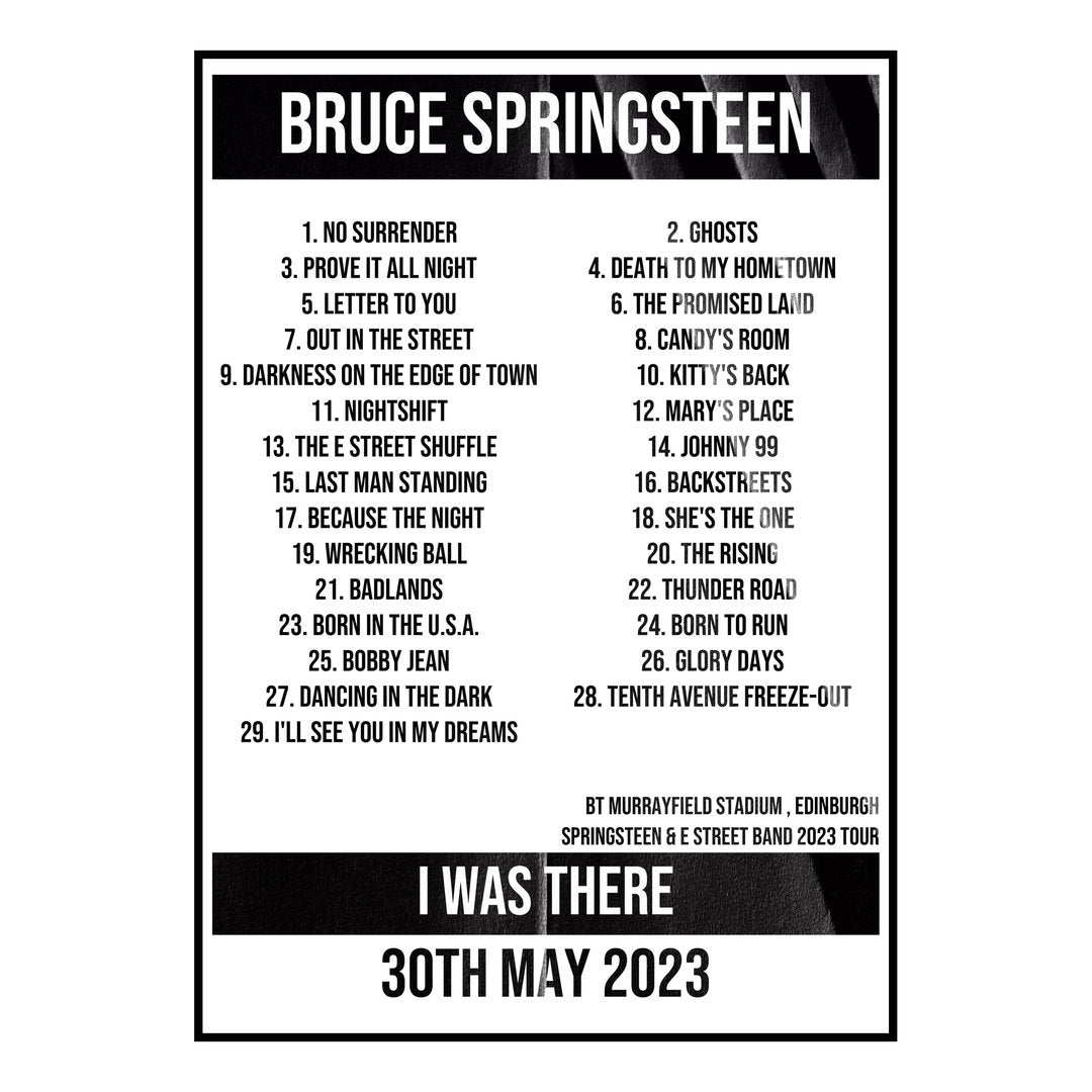 Bruce Springsteen Edinburgh 30th May 2023 Setlist poster
