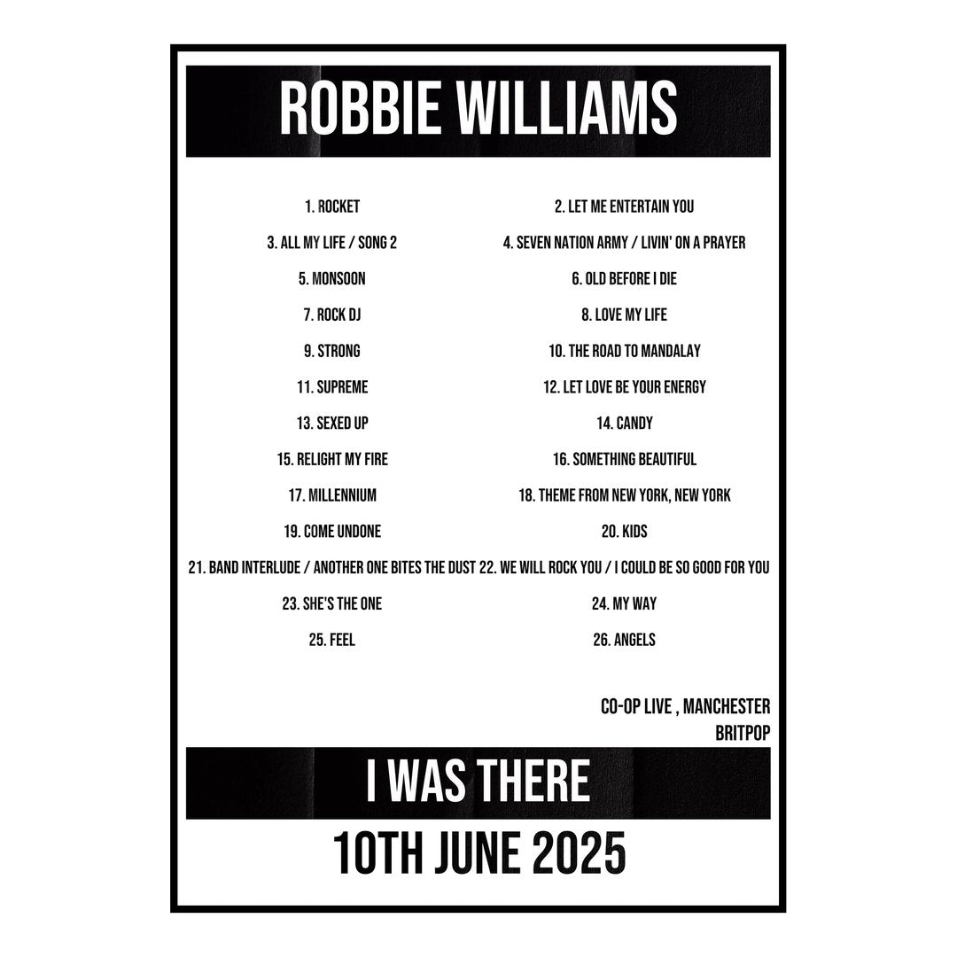 Robbie Williams Manchester 10th June 2025 Setlist poster