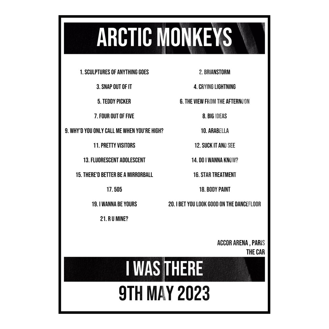 Arctic Monkeys Paris 9th May 2023 Setlist poster