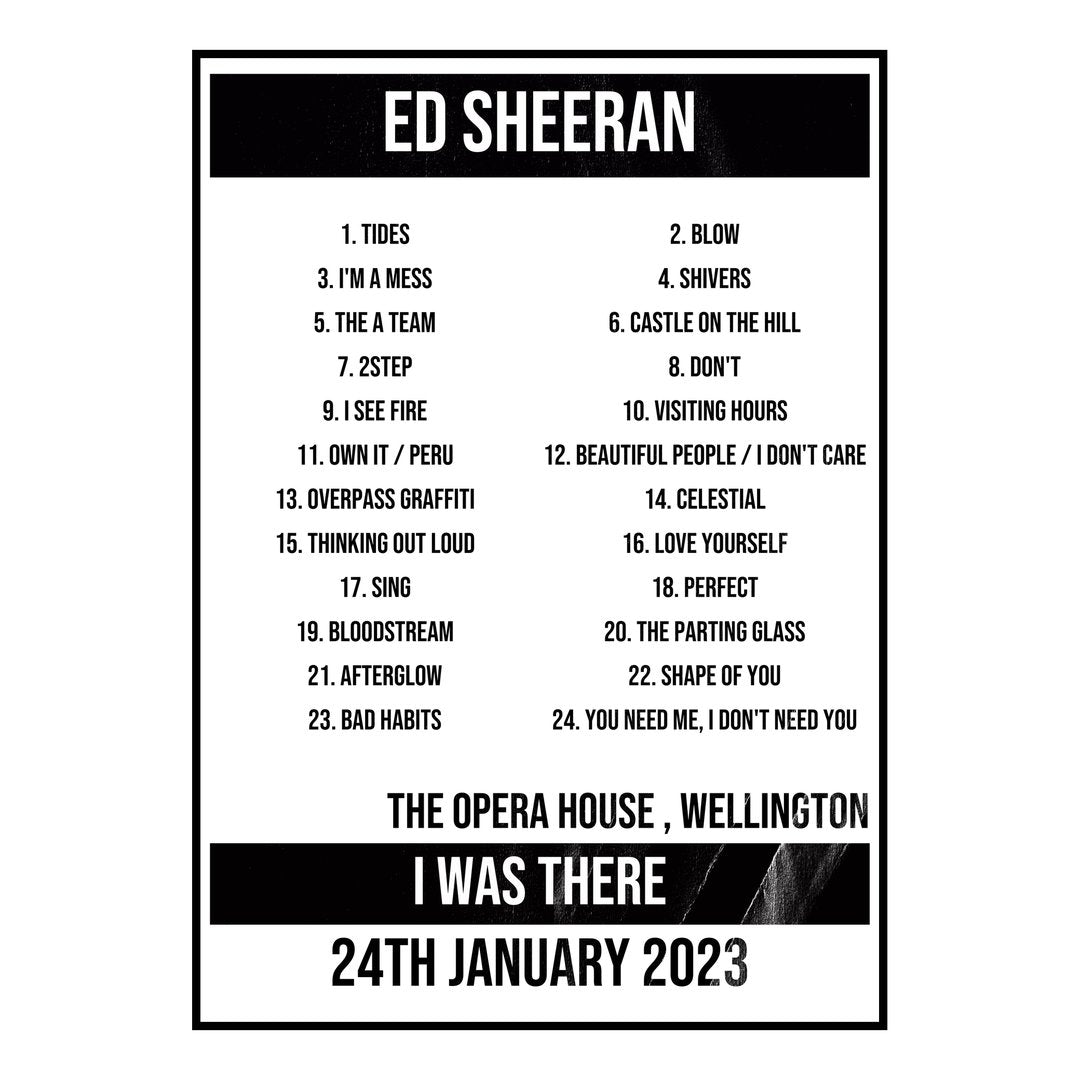 Ed Sheeran Wellington 24th January 2023 Setlist poster