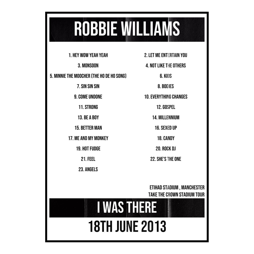 Robbie Williams Manchester 18th June 2013 Setlist poster