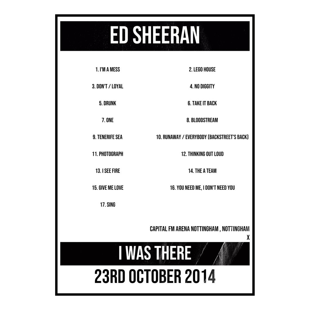 Ed Sheeran Nottingham 23rd October 2014 Setlist poster