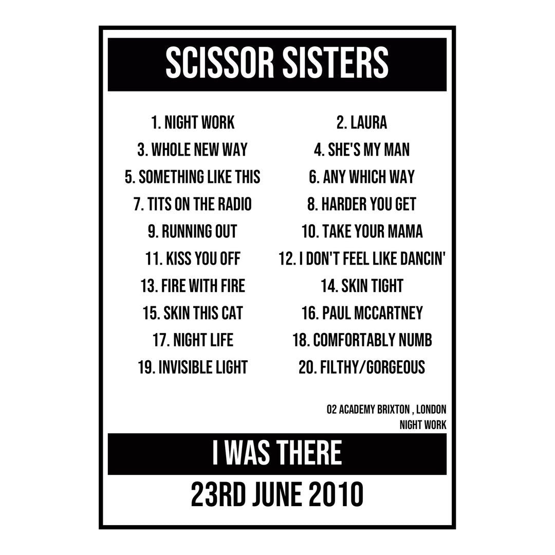 A Setlist Poster Featuring Scissor Sisters Gig from London in 2010