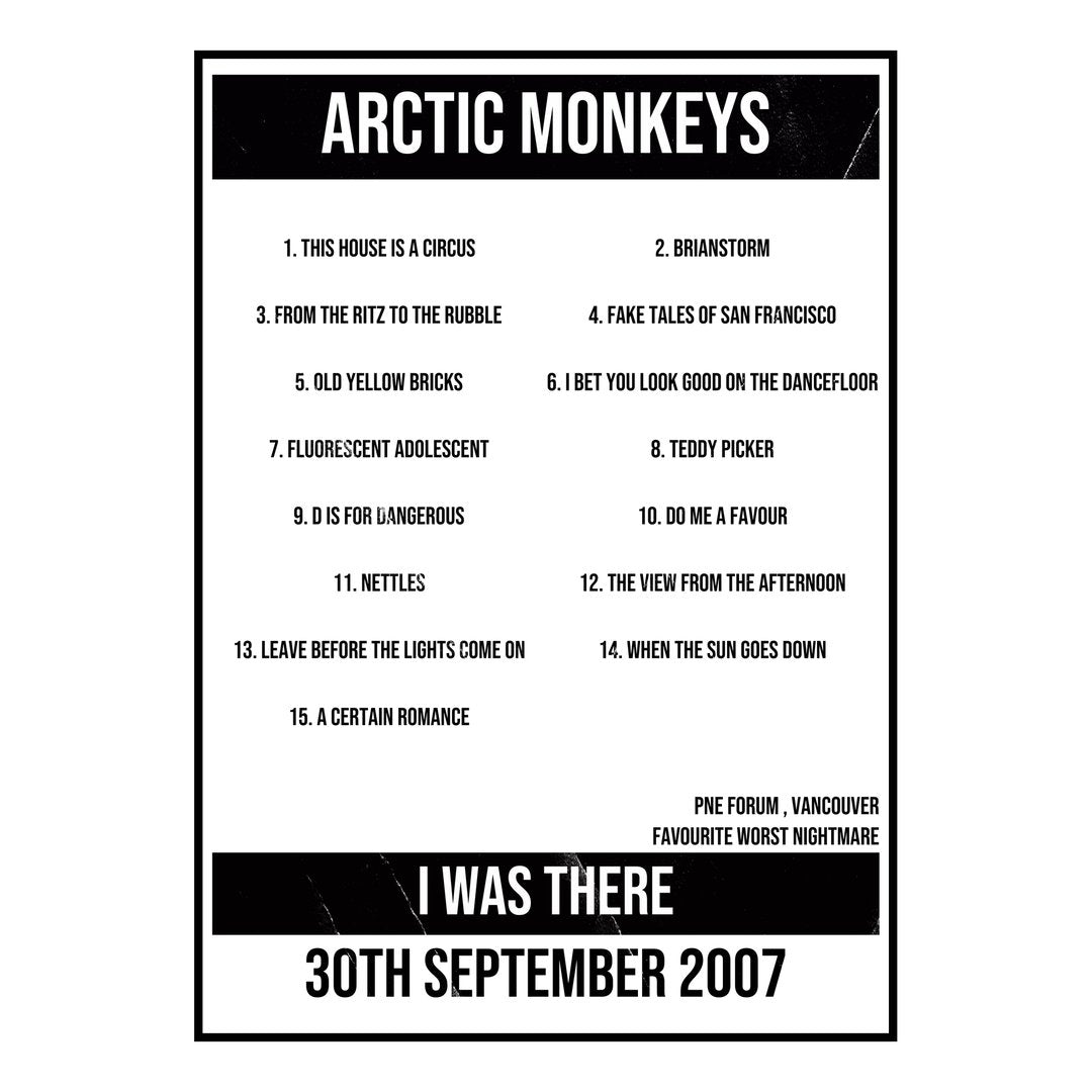 Arctic Monkeys Vancouver 30th September 2007 Setlist poster