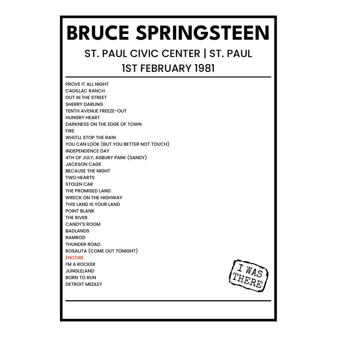 Bruce Springsteen St. Paul 1st February 1981 Setlist poster