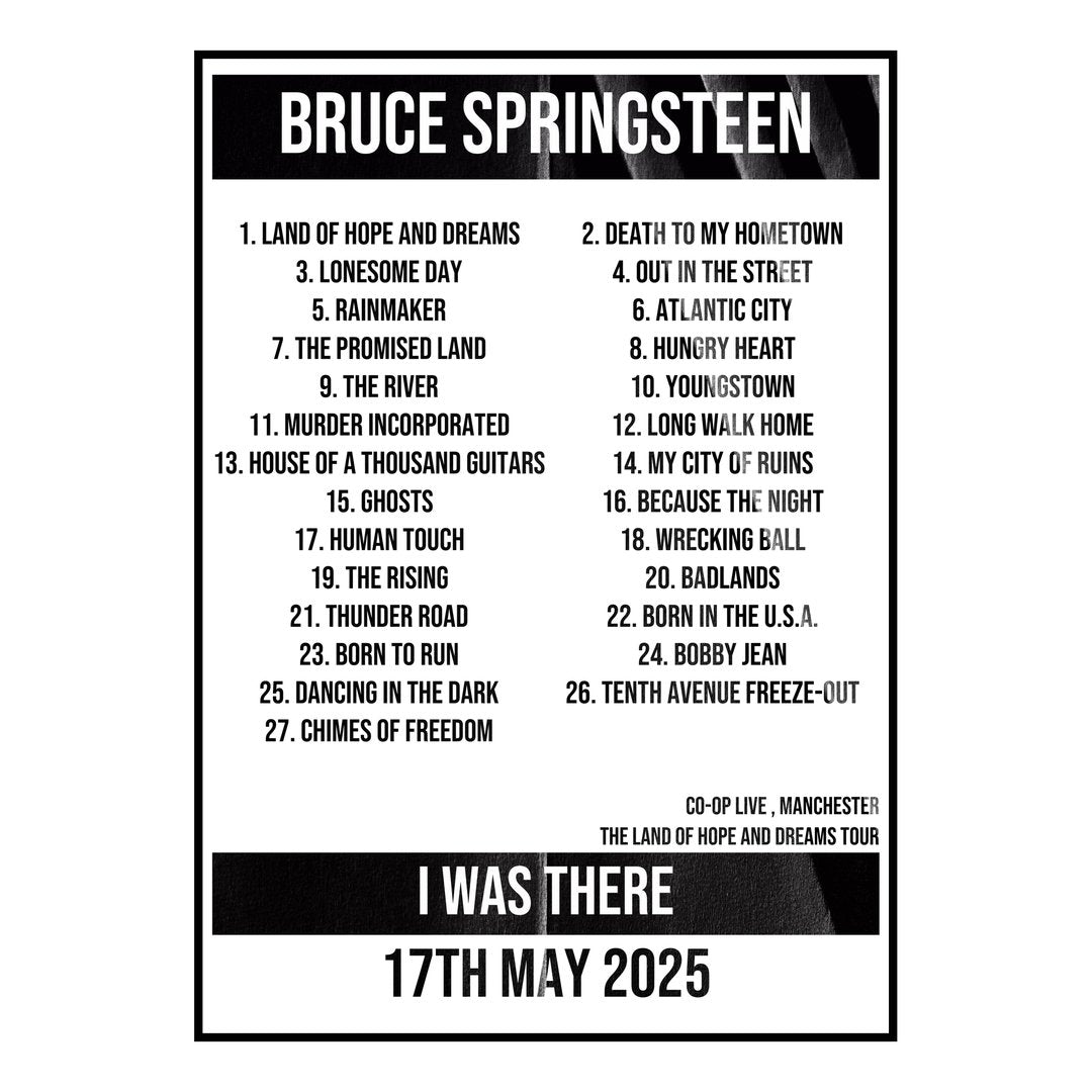 Bruce Springsteen Manchester 17th May 2025 Setlist poster