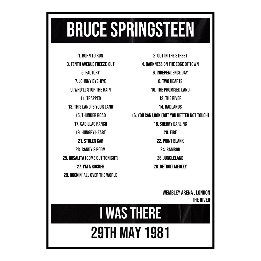 Bruce Springsteen London 29th May 1981 Setlist poster