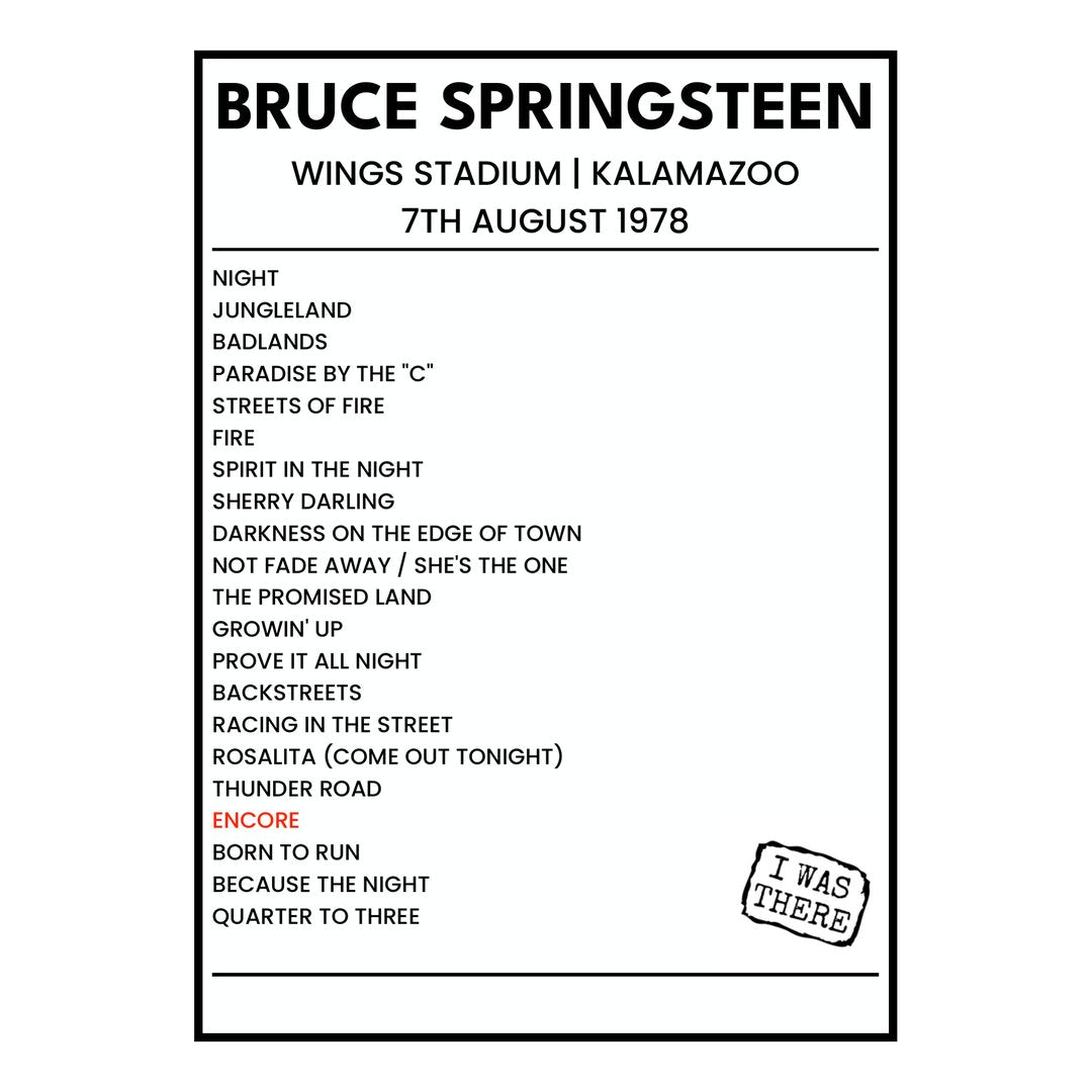 Bruce Springsteen Kalamazoo 7th August 1978 Setlist poster
