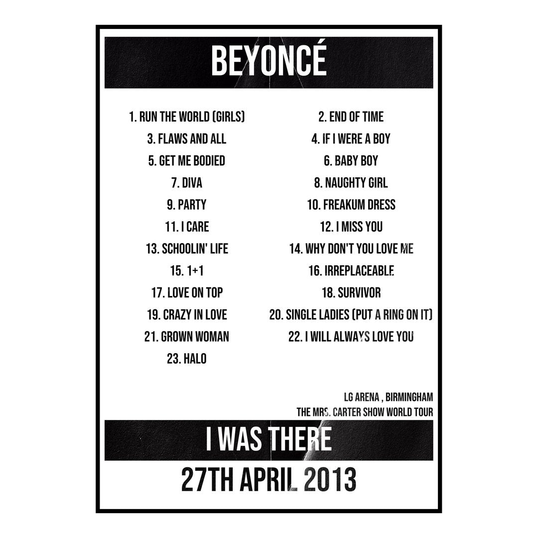 Beyoncé Birmingham 27th April 2013 Setlist poster