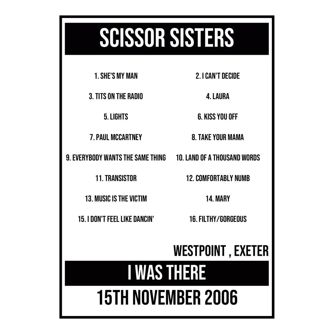 A Setlist Poster Featuring Scissor Sisters Gig from Exeter in 2006