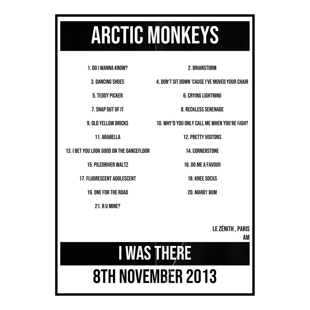 Arctic Monkeys Paris 8th November 2013 Setlist poster