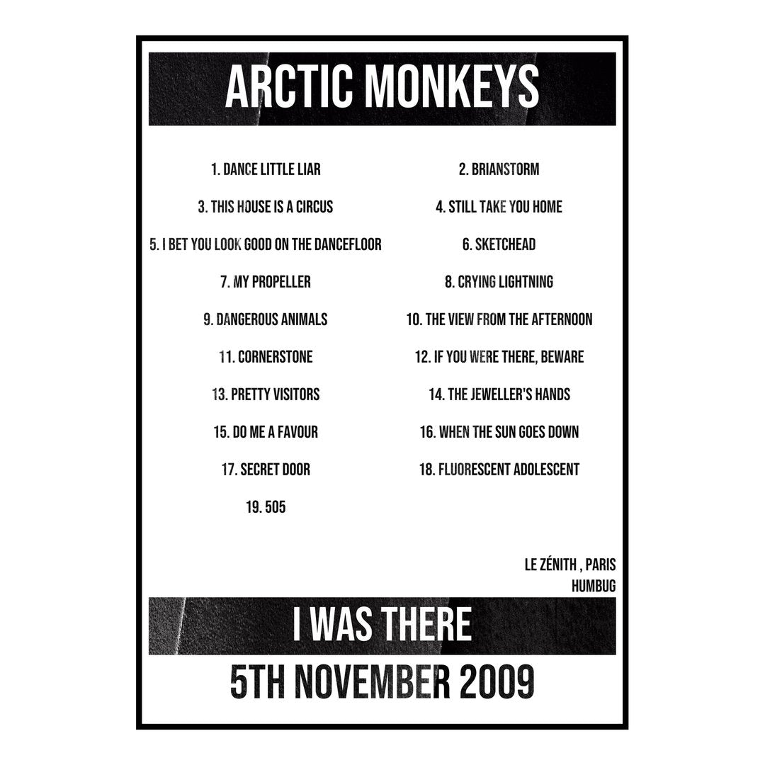 Arctic Monkeys Paris 5th November 2009 Setlist poster
