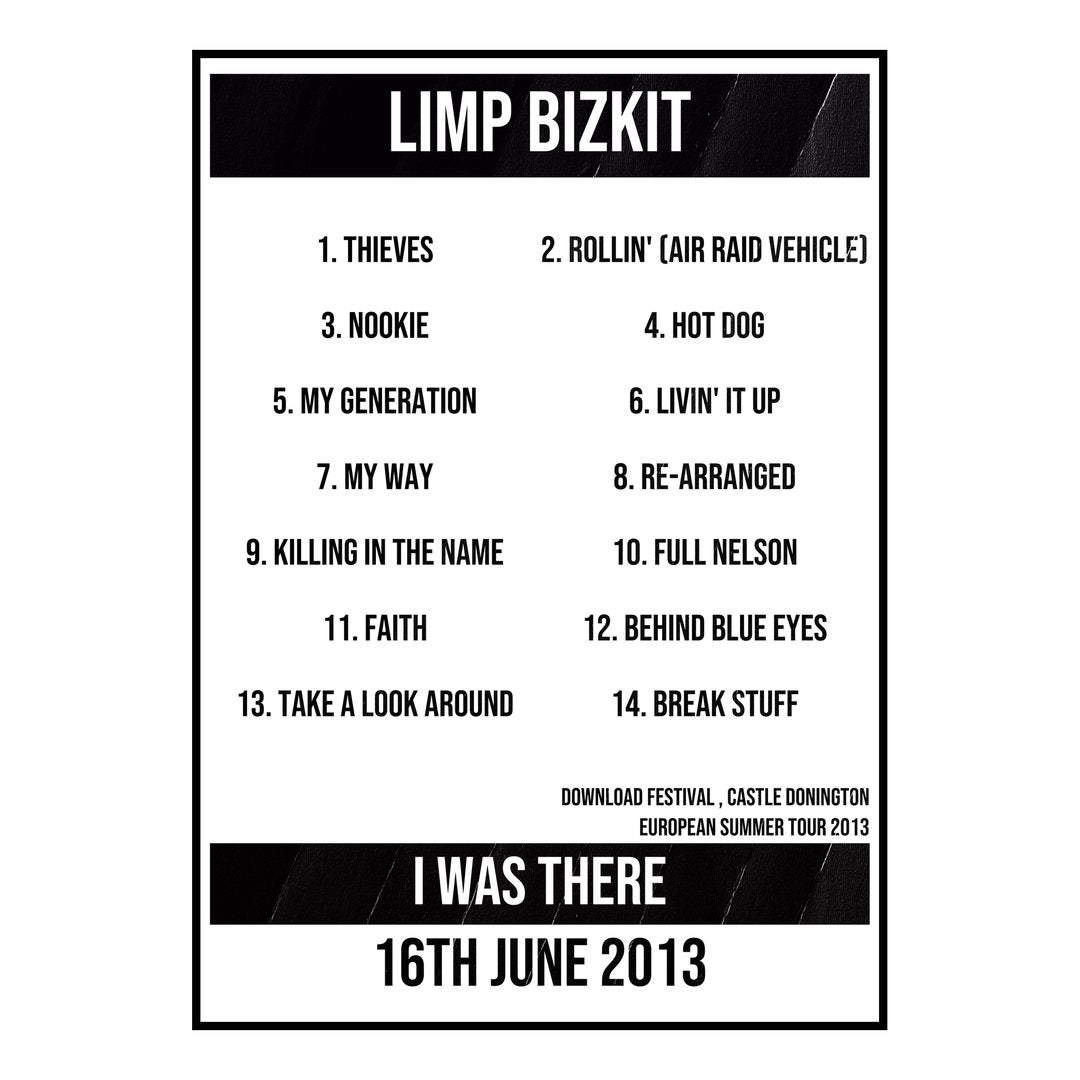 Limp Bizkit Castle Donington 16th June 2013 Setlist poster
