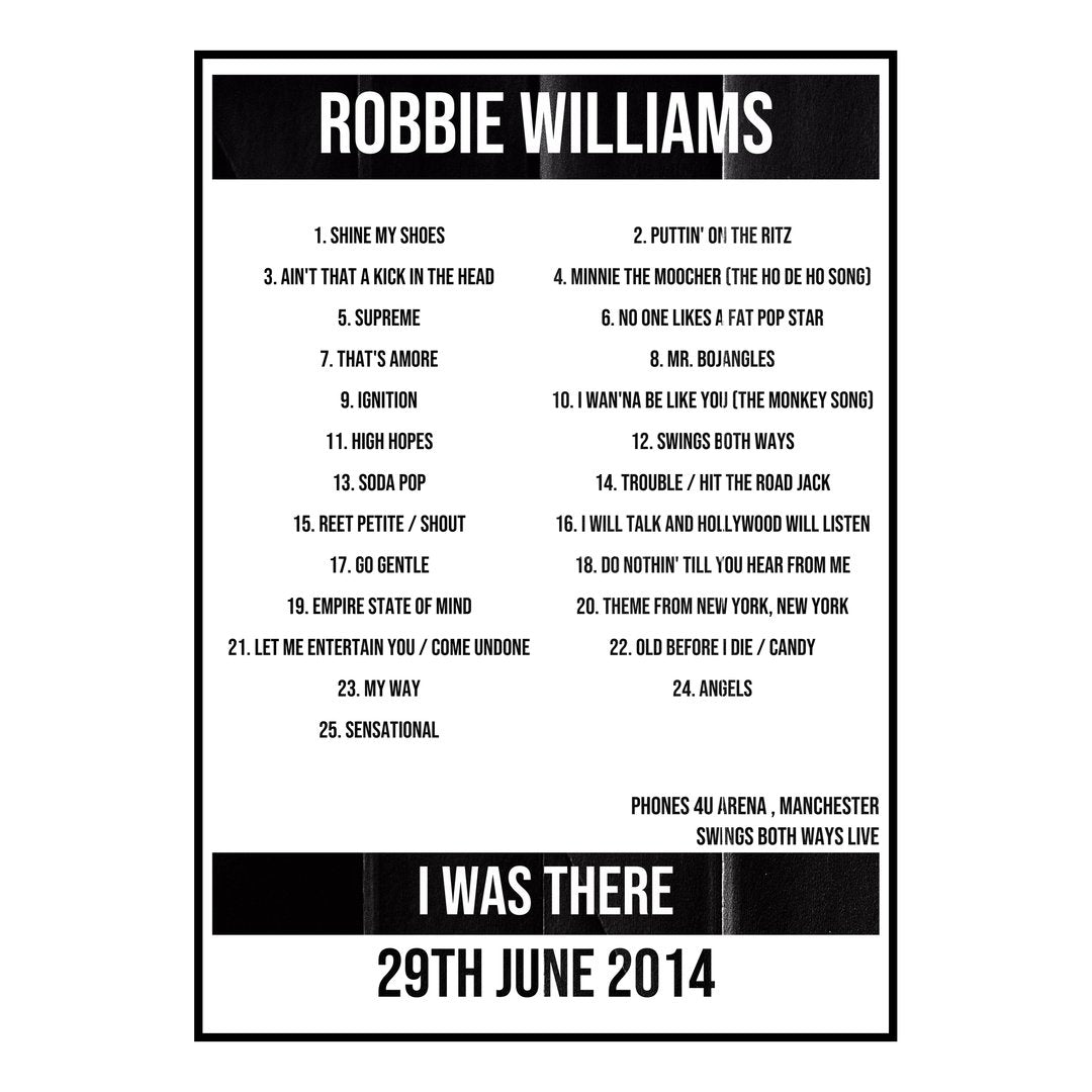 Robbie Williams Manchester 29th June 2014 Setlist poster