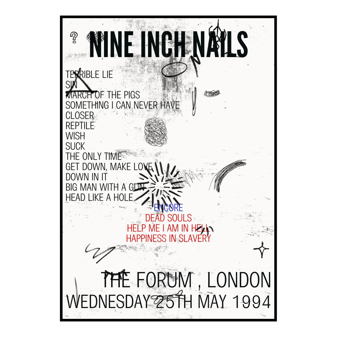 Nine Inch Nails London 25th May 1994 Setlist poster