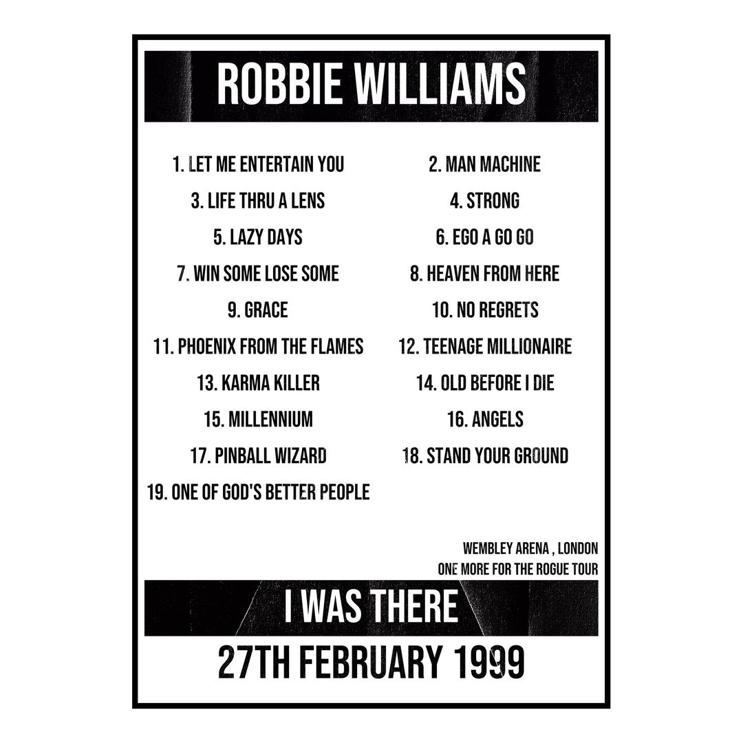Robbie Williams London 27th February 1999 Setlist poster