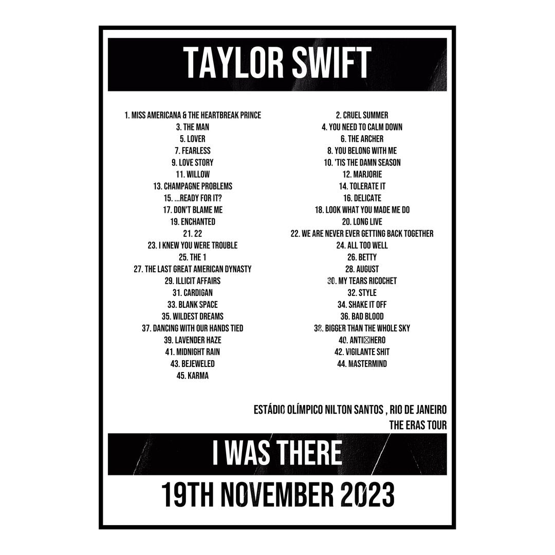 Taylor Swift Rio de Janeiro 19th November 2023 Setlist poster
