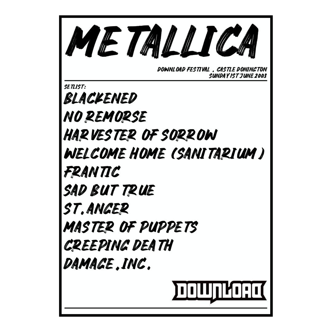 Metallica Castle Donington 1st June 2003 Setlist poster
