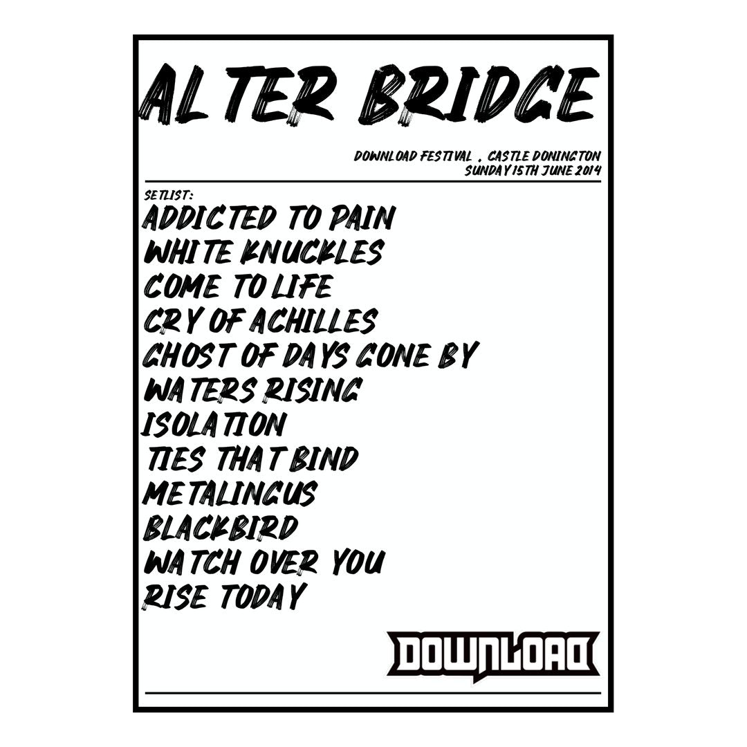 Alter Bridge Castle Donington 15th June 2014 Setlist poster