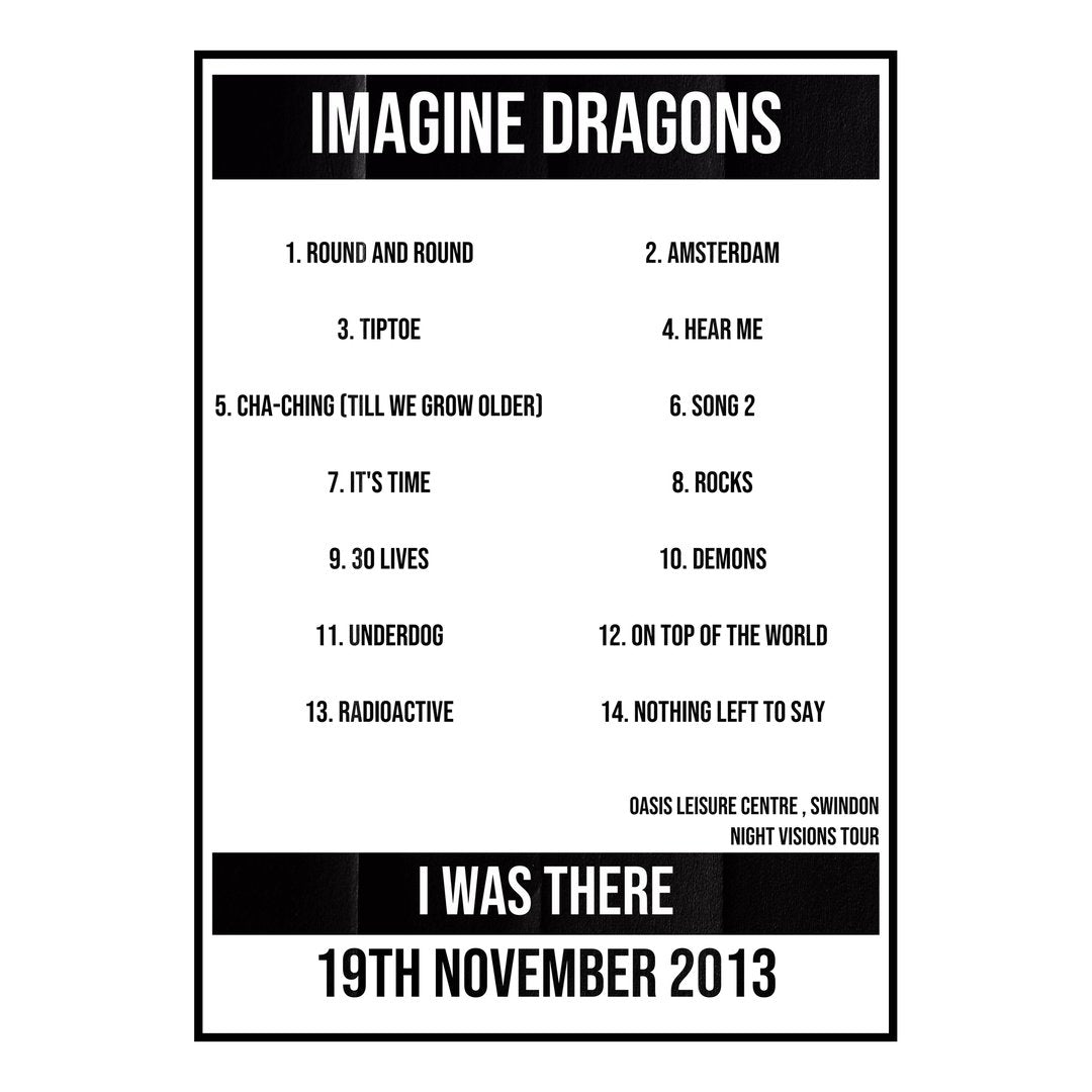 Imagine Dragons Swindon 19th November 2013 Setlist poster