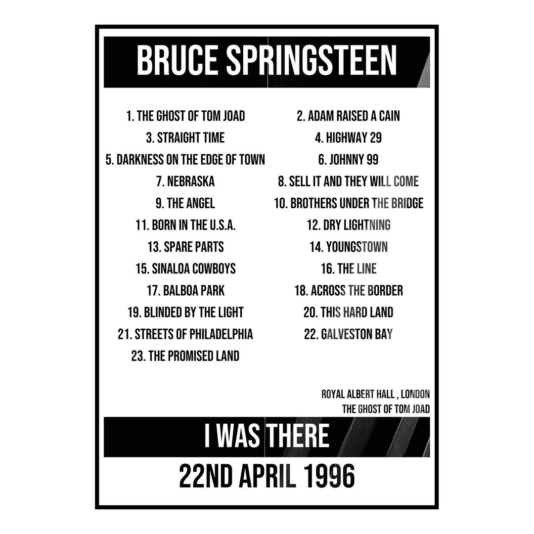 Bruce Springsteen London 22nd April 1996 Setlist poster
