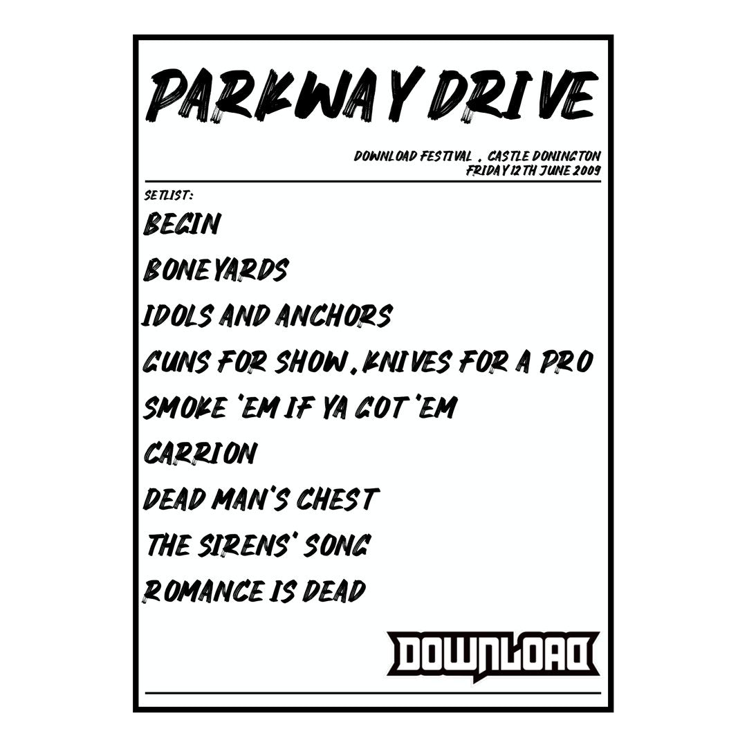 Parkway Drive Castle Donington 12th June 2009 Setlist poster