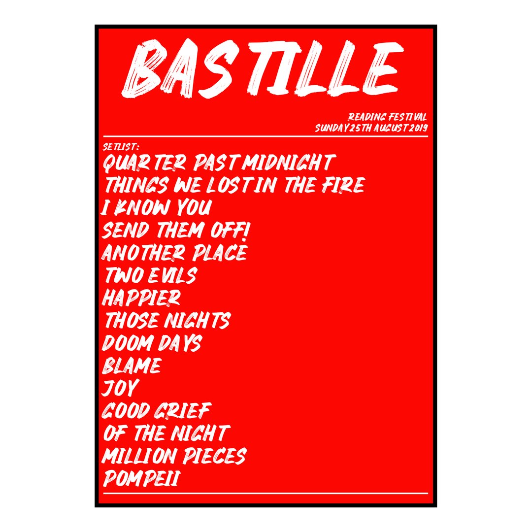 Bastille Reading 25th August 2019 Setlist poster