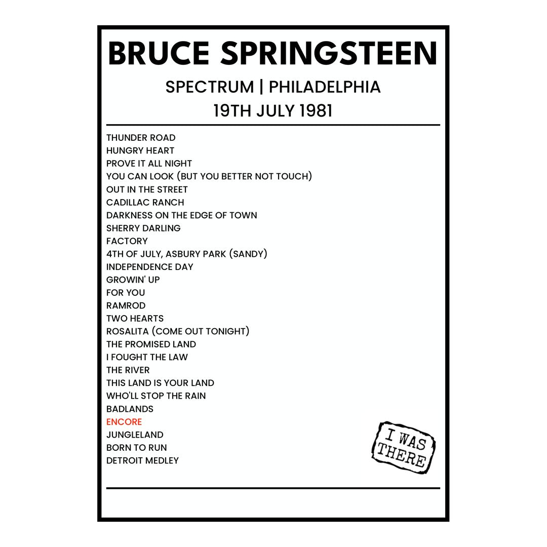 Bruce Springsteen Philadelphia 19th July 1981 Setlist poster