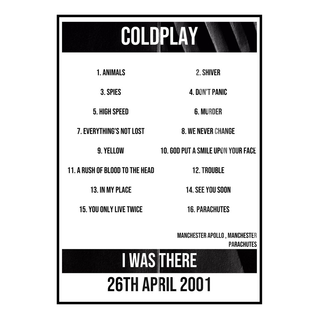 Coldplay Manchester 26th April 2001 Setlist poster