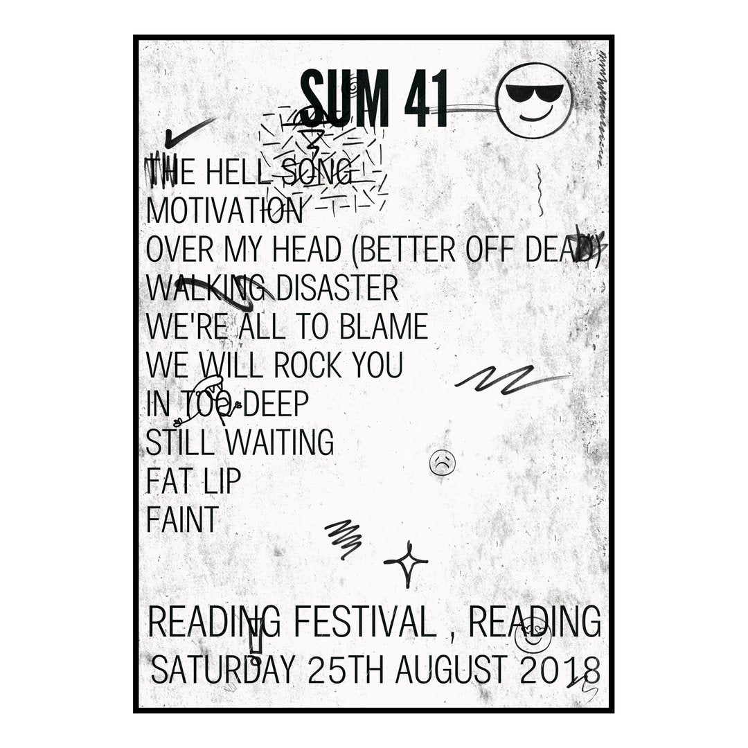 Sum 41 Reading 25th August 2018 Setlist poster