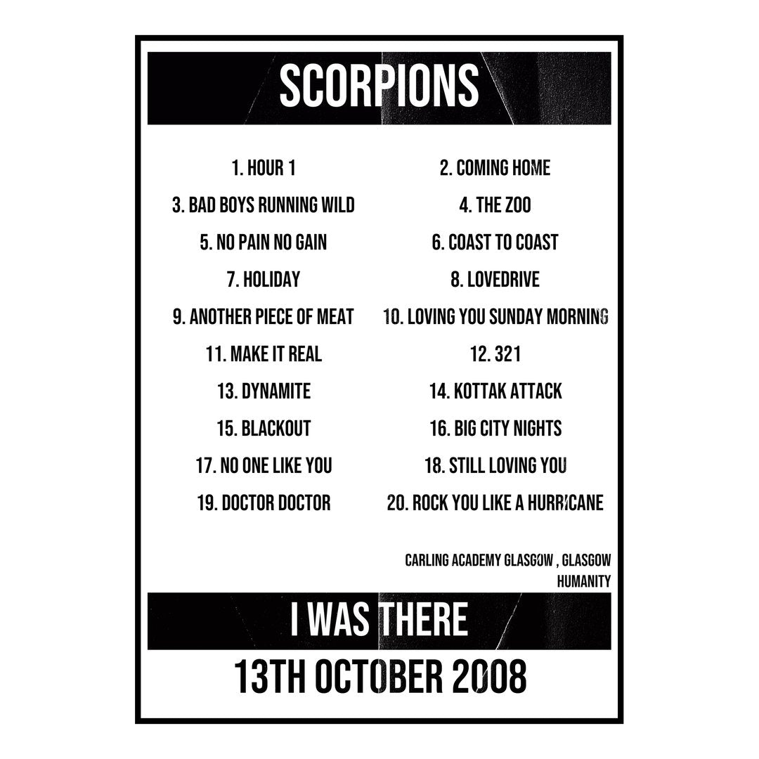Scorpions Glasgow 13th October 2008 Setlist poster