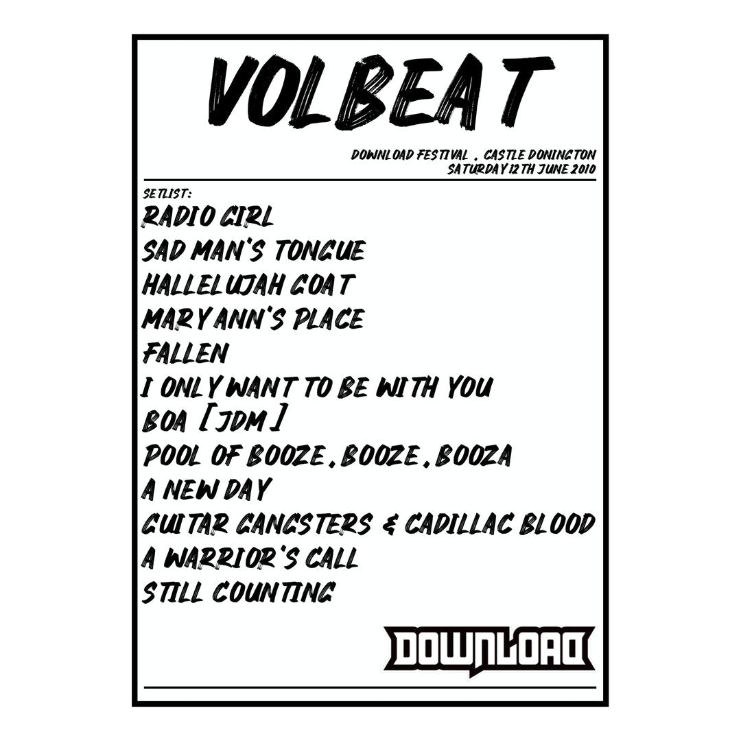 Volbeat Castle Donington 12th June 2010 Setlist poster