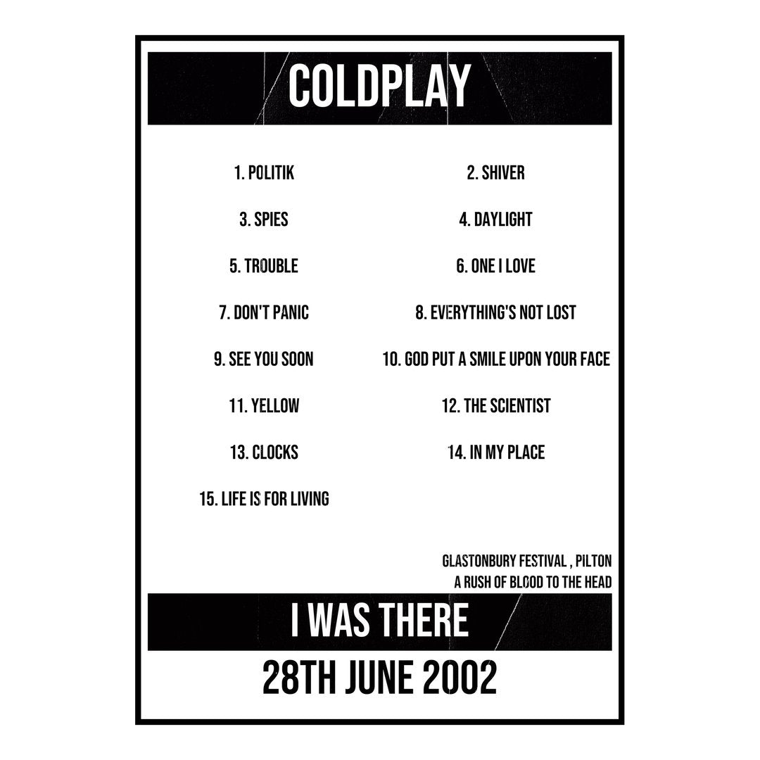 Coldplay Pilton 28th June 2002 Setlist poster