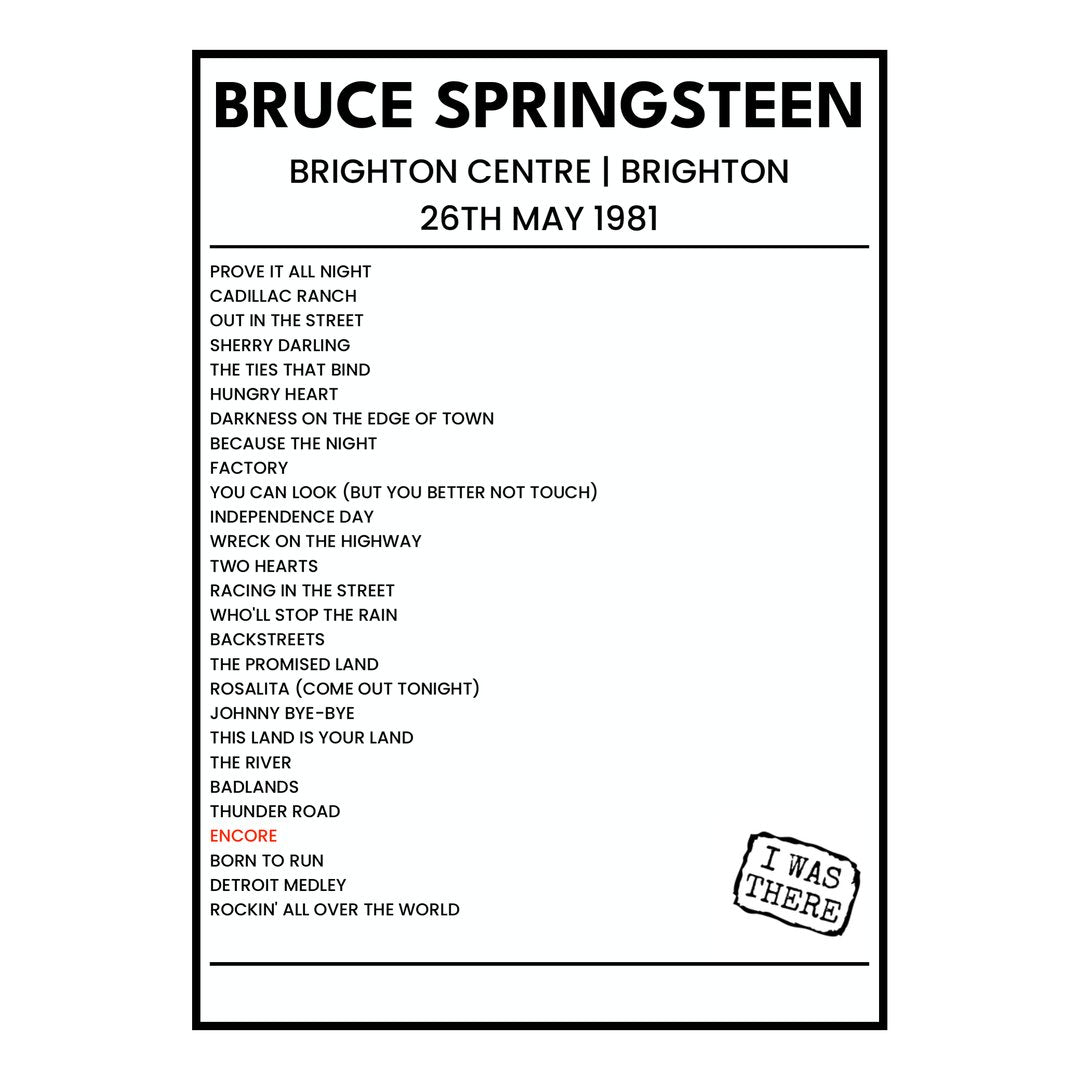Bruce Springsteen Brighton 26th May 1981 Setlist poster