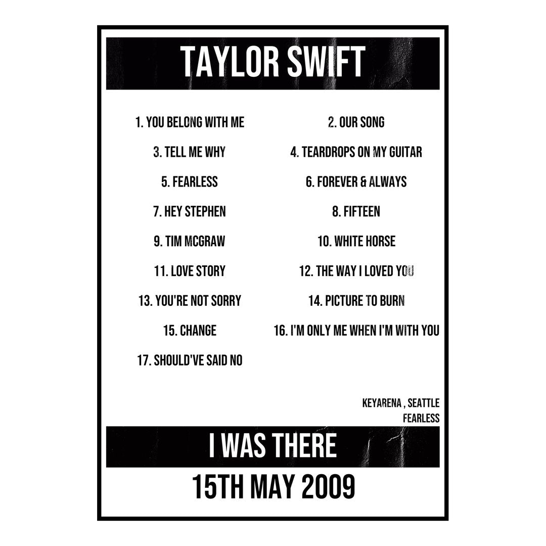 Taylor Swift Seattle 15th May 2009 Setlist poster