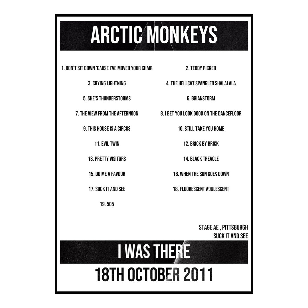 Arctic Monkeys Pittsburgh 18th October 2011 Setlist poster