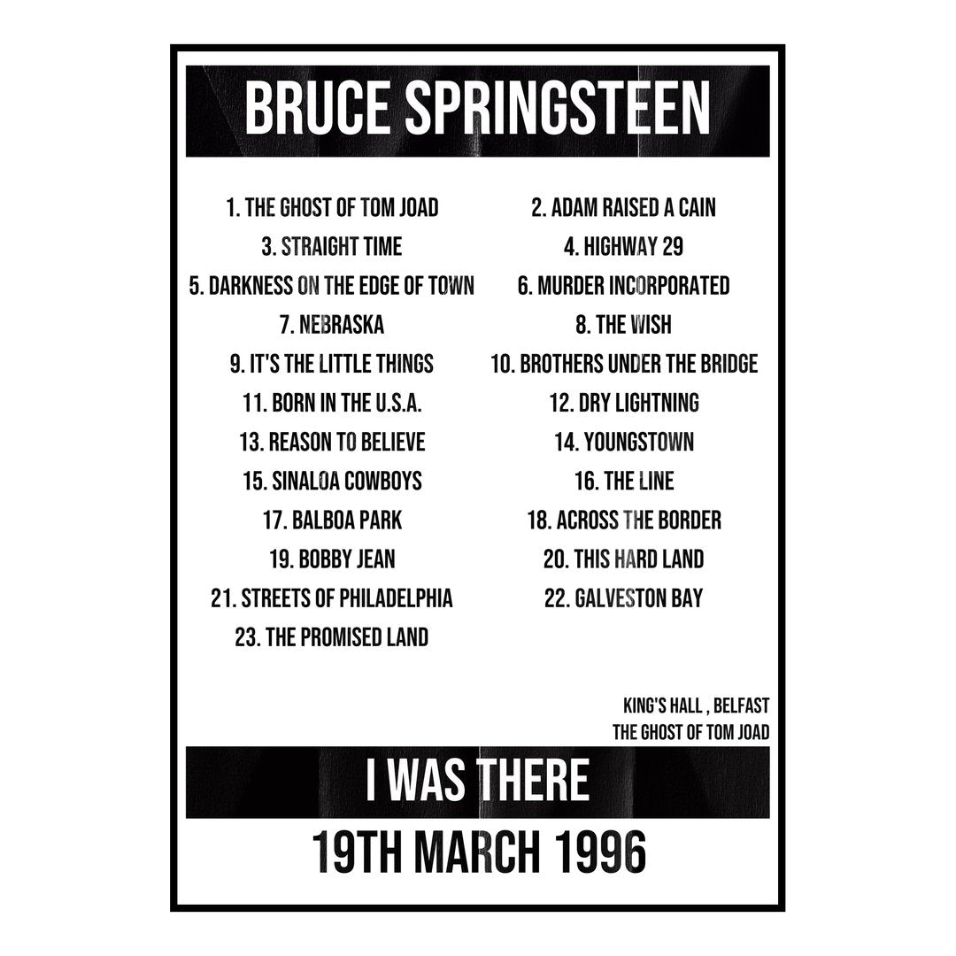 Bruce Springsteen Belfast 19th March 1996 Setlist poster