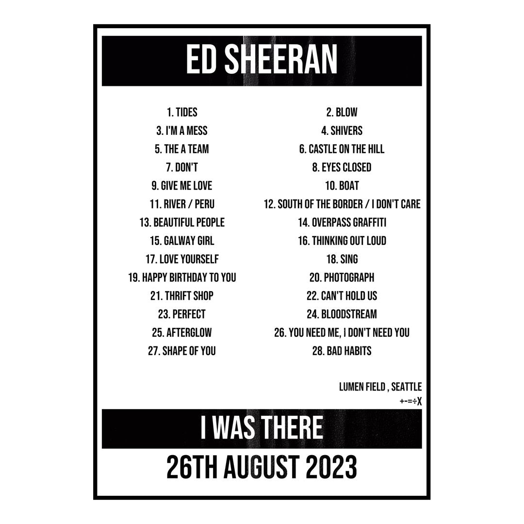 Ed Sheeran Seattle 26th August 2023 Setlist poster